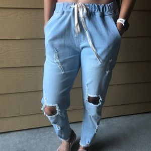 Drawstring Waist Distressed Denim Jeans